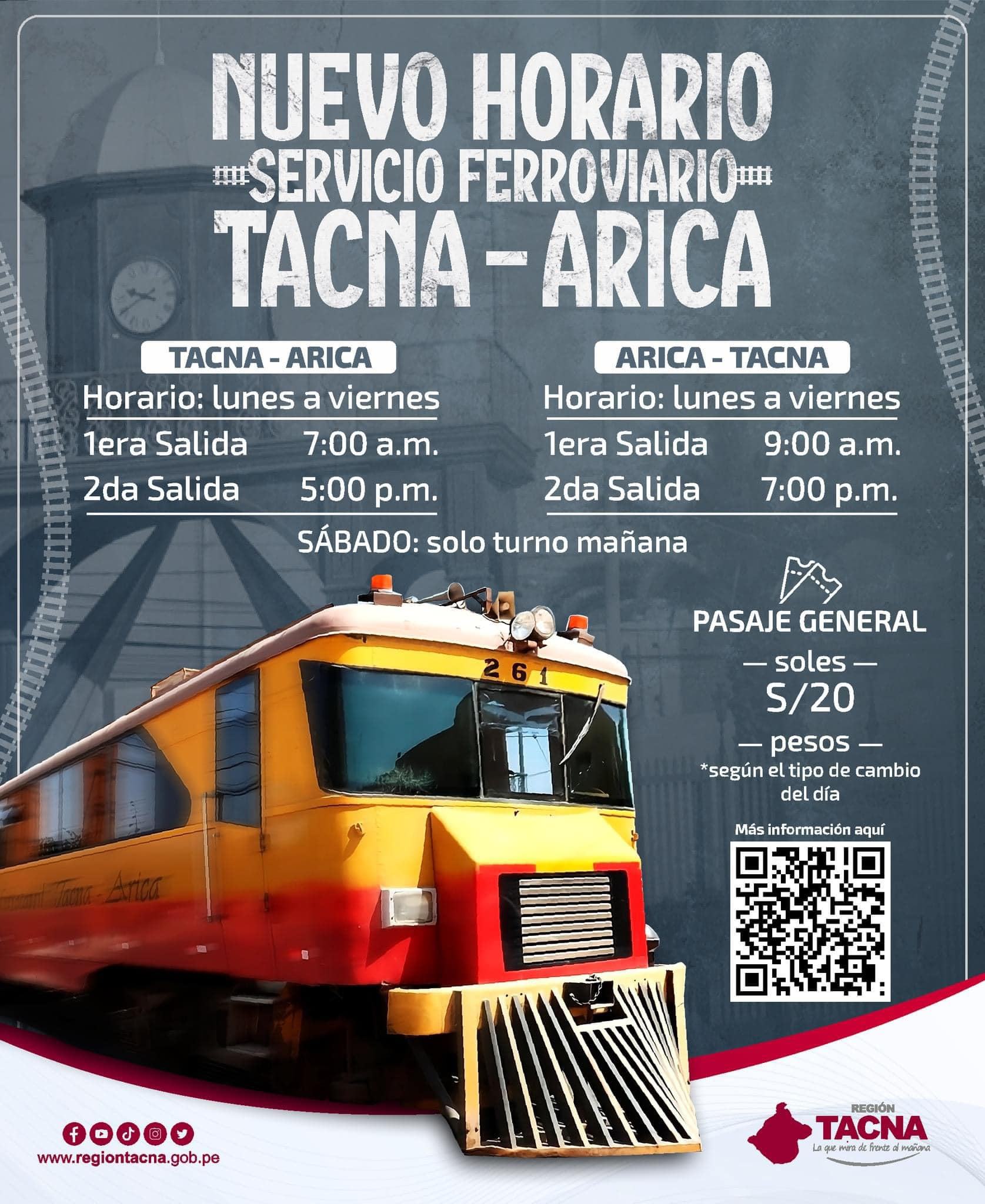 Folleto informativo de los horarios del tren Tacna-Arica, 2024.